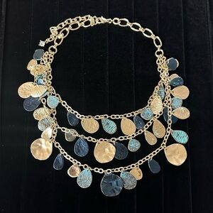 3 Tier Gold Plated Chain Necklace with gold/ blue/ green multiple pendants